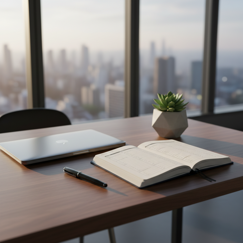 A sleek walnut desk neatly arranged with a closed silver laptop, a navy-blue hardcover journal opened to a page filled with tidy handwritten bullet points, and a fine black metal pen resting diagonally across the margin. Beside the journal sits a small geometric concrete planter holding a healthy green succulent. The desk is positioned near a large floor-to-ceiling window in a modern office, with soft morning daylight streaming in and casting gentle, elongated shadows across the wood grain. Captured in photographic realism from a slightly elevated angle with a shallow depth of field, the composition follows the rule of thirds, creating a calm, professional atmosphere that suggests focused weekly reflection and structured entrepreneurial thinking.