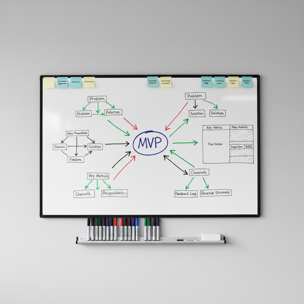 A minimalist whiteboard mounted on a smooth light-gray wall, covered with neatly drawn flowcharts, lean canvas boxes, and a bold “MVP” circled in deep blue marker at the center. Color-coded arrows in red, green, and black connect customer segments, value propositions, and revenue streams, with sticky notes in muted pastel tones aligned along the frame. Below, a slim floating shelf holds an organized row of dry-erase markers and an eraser. Soft overhead office lighting creates even illumination with gentle reflections on the whiteboard surface. Photographic realism, shot straight-on at eye level with sharp focus, emphasizes clarity and structure. The mood is analytical and energetic yet controlled, evoking disciplined startup planning and thoughtful experimentation in a professional workspace.